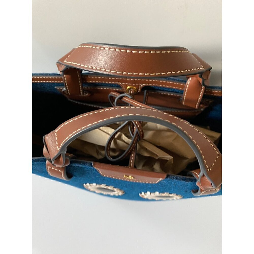 Anya Hindmarch Small Eyes Felt Tote Bag Leather Trimmed Dark Petrol Blue Brown - Picture 10 of 13